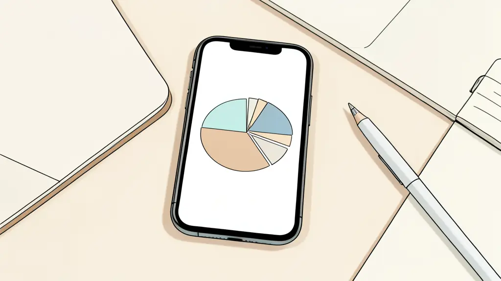 A close-up of a smartphone screen showing a diversified investment pie chart with different colored segments, placed on a clean wooden office desk next to a notebook and a pen, editorial style, soft natural lighting