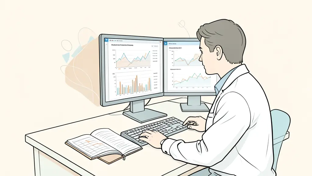 Futures trader reviewing a qualification progress dashboard at a dual-screen desk, account risk figures visible as abstract charts, trading journal open beside the keyboard