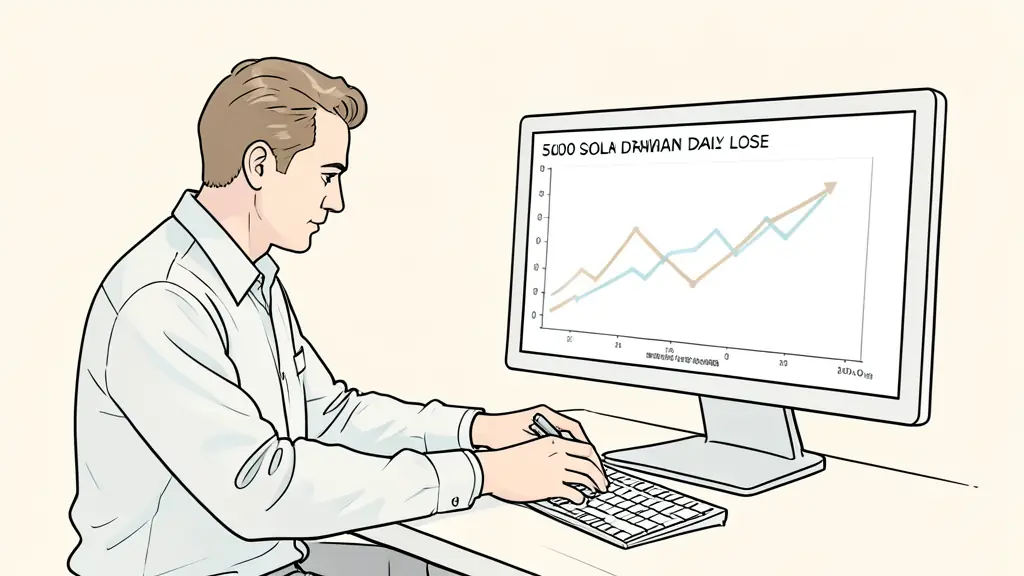 Close-up of a futures trader calculating a 500 dollar daily loss beside a monitor showing a rising drawdown threshold and an open position reversing