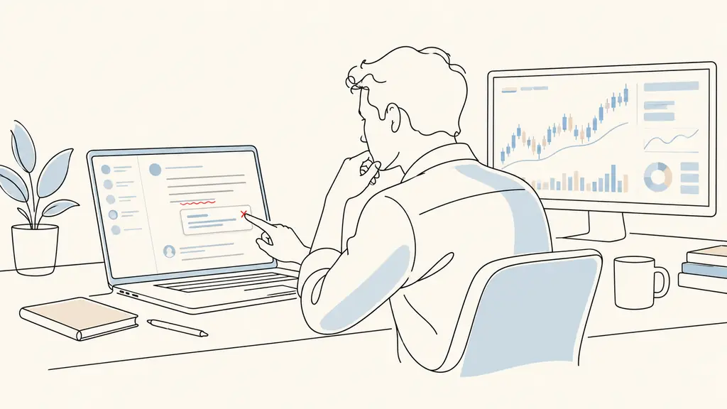 editorial photograph of a trader manually reviewing a withdrawal support message on a laptop, red agreement underline visible and a correction suggestion being rejected, funded account dashboard in the background, no readable text or logos