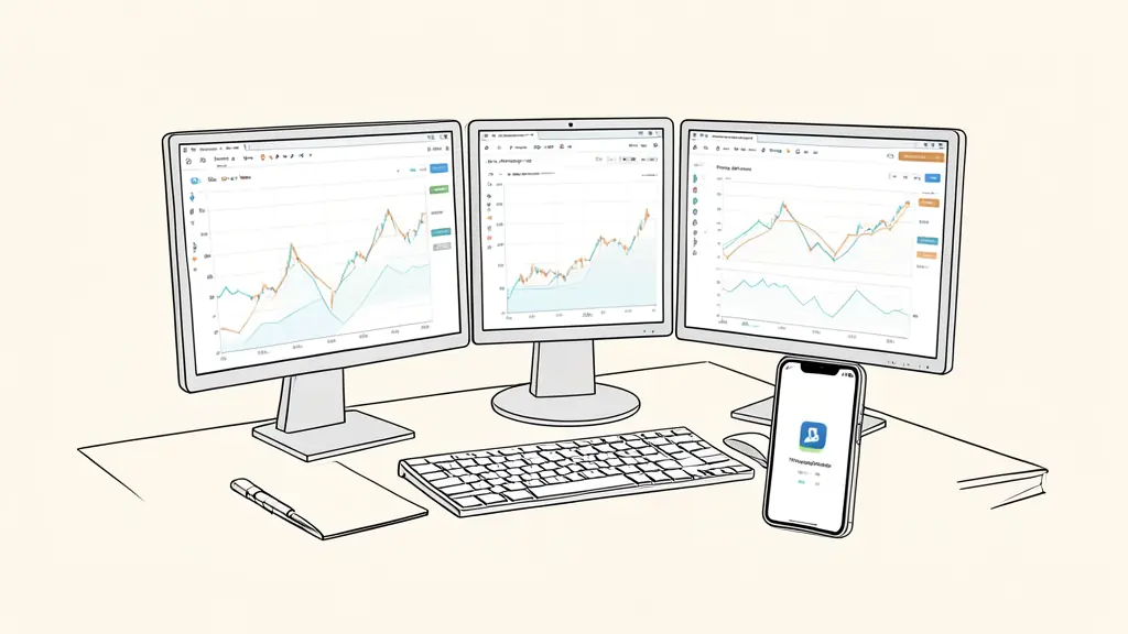 A professional trader's desk with multiple monitors showing TradingView charts and a Trustpilot rating on a tablet, focused on risk management and reliability