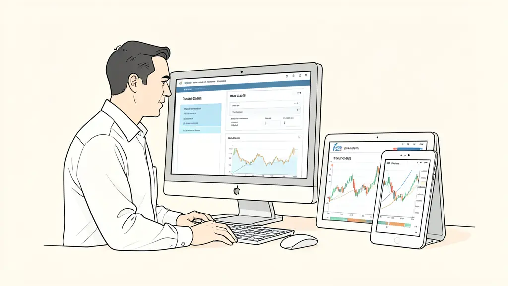 Trader comparing order panels on a desktop monitor and a tablet, with forex charts and a futures ladder visible, no text or logos