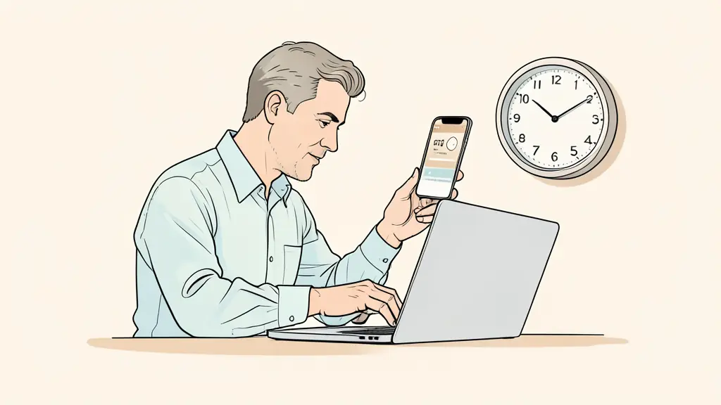 Trader testing a stop loss on a laptop while checking a mobile price alert and a wall clock, no text or logos