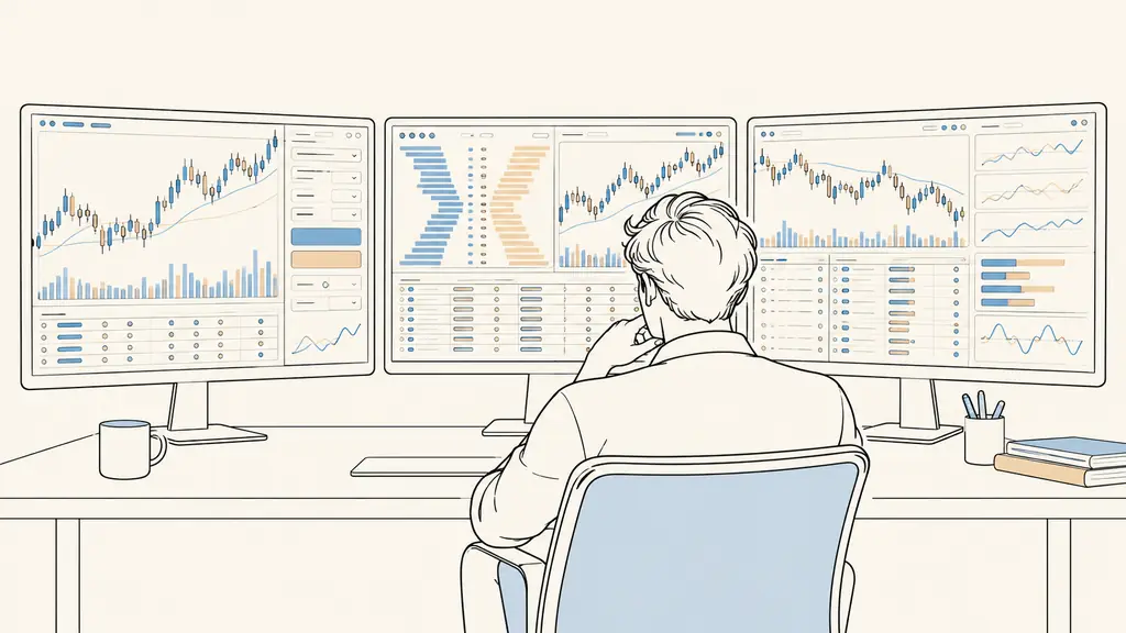 trader comparing three trading interfaces on desktop monitors, order entry panels and detailed price charts visible, no text or logos