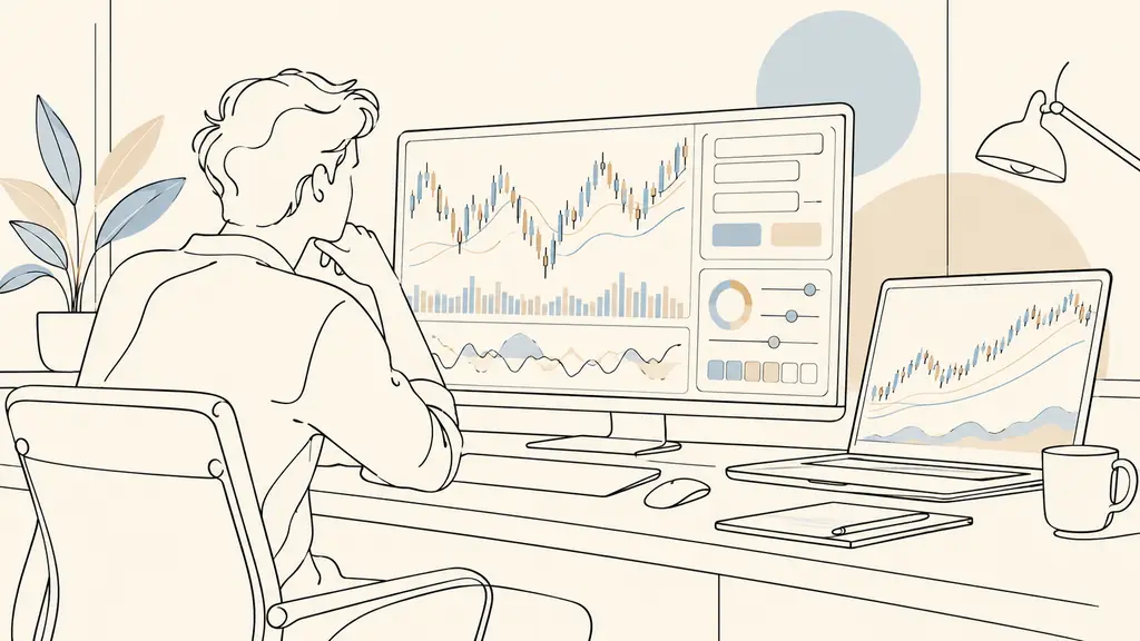 active trader monitoring short term charts beside a laptop showing longer term positions, compact order panel and risk calculator visible, no text or logos