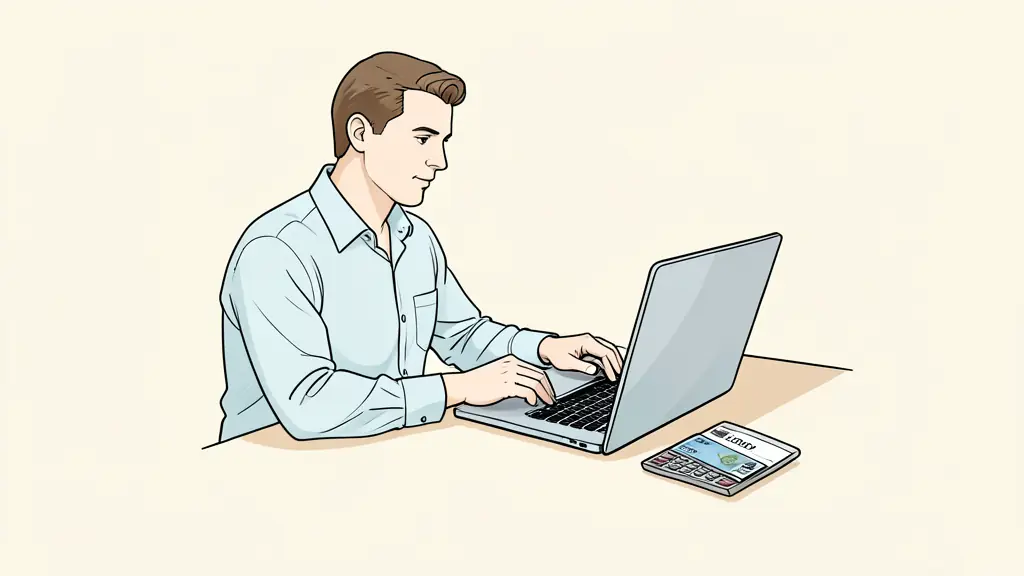 Trader reviewing a payout calculation on a laptop, calculator beside a sheet showing 5,000 euros and 80 percent, bank card on the desk, no text or logo