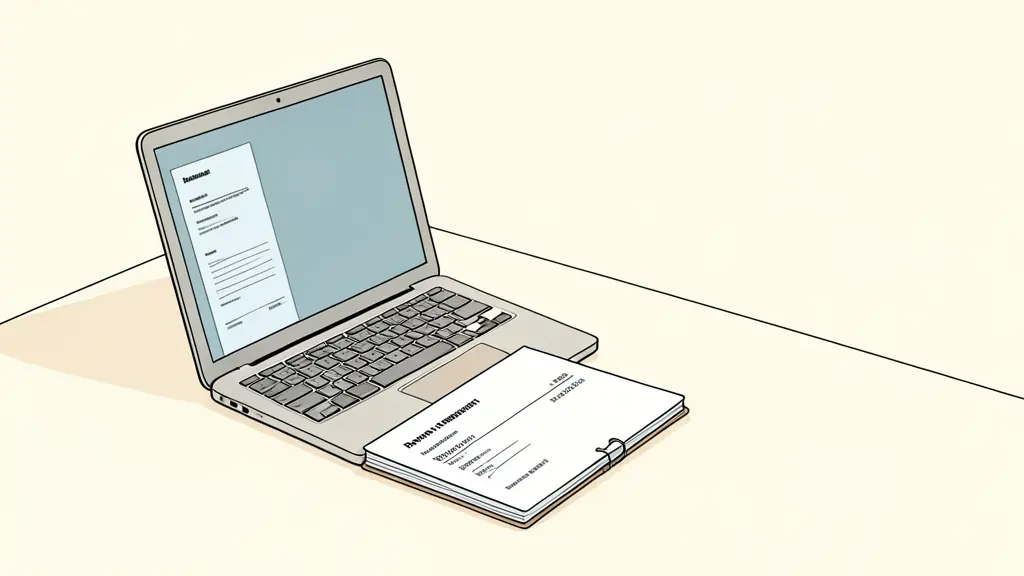 Close-up of a trader tracking a payout request on a laptop, identity documents turned face down, notebook containing a request reference number, no text or logo