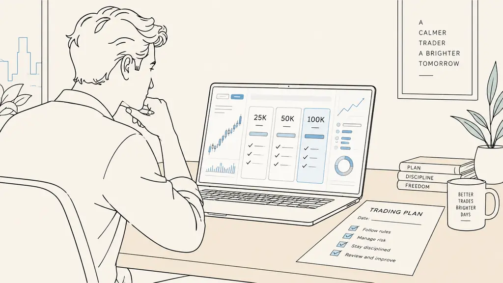 trader comparing challenge phases and account sizes on a laptop beside a dated printed checklist