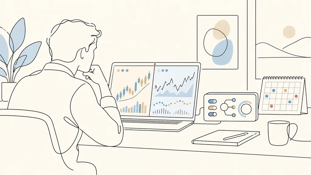trader comparing two trading terminals on a laptop beside an automated strategy controller and an economic calendar with colored event markers, no text or logos