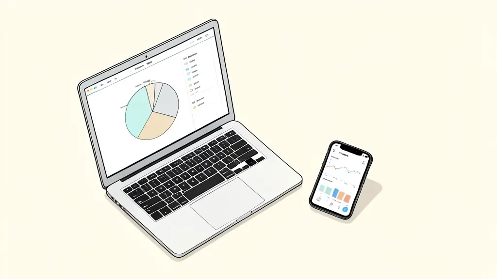 A high-angle shot of a professional trader's desk with a laptop showing a diversification pie chart and a smartphone displaying a stock market app, editorial style, natural lighting