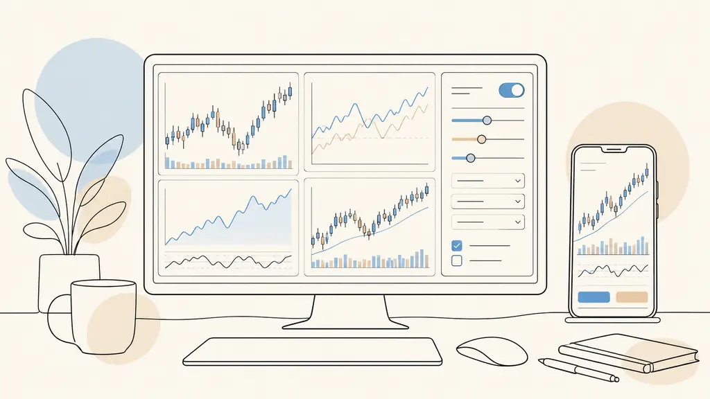 Multiple trading platforms open across a desktop monitor and smartphone, chart comparison in progress, automated strategy settings visible