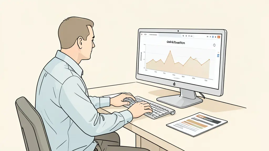 A retail trader completing an online evaluation at a dual-monitor desk, identity documents beside a laptop and a risk dashboard visible without readable text or logos