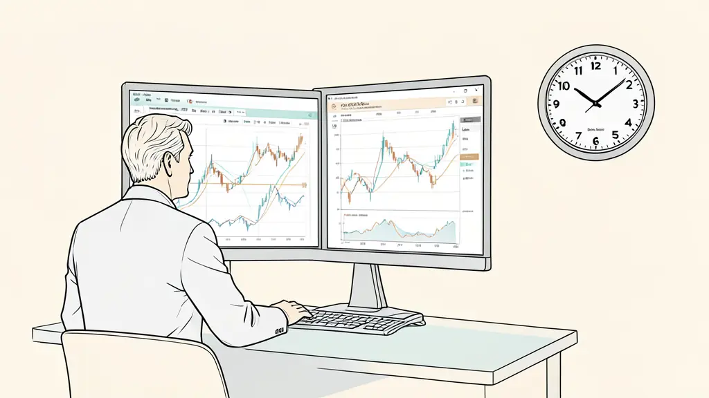 A trader monitoring a 100,000 euro simulated account on two screens, open positions fluctuating near a risk threshold and a wall clock marking the daily reset