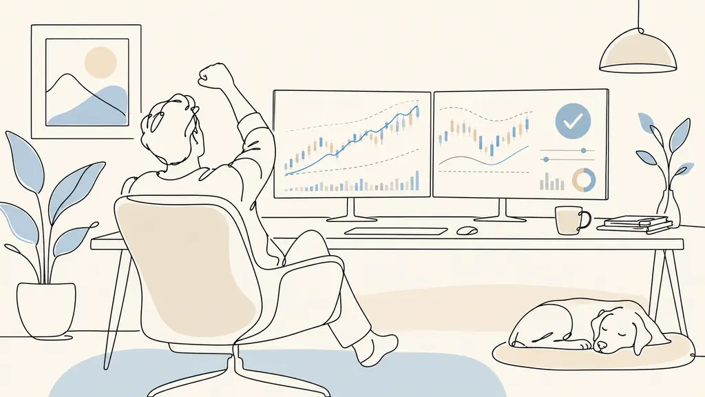 Home trader completing a paid simulated trading evaluation on dual monitors, with risk charts visible but no readable text or logos