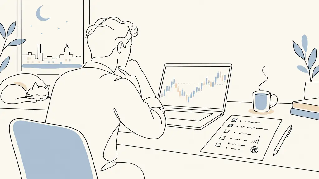 Evening index trader at a laptop reviewing candlestick charts beside a handwritten checklist of overnight positions, drawdown and economic news rules, editorial photography, no text, no logo