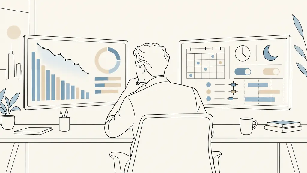 Trader comparing a 100,000 euro account drawdown calculation, an economic news calendar and overnight position rules on two screens, editorial photography, no text, no logo