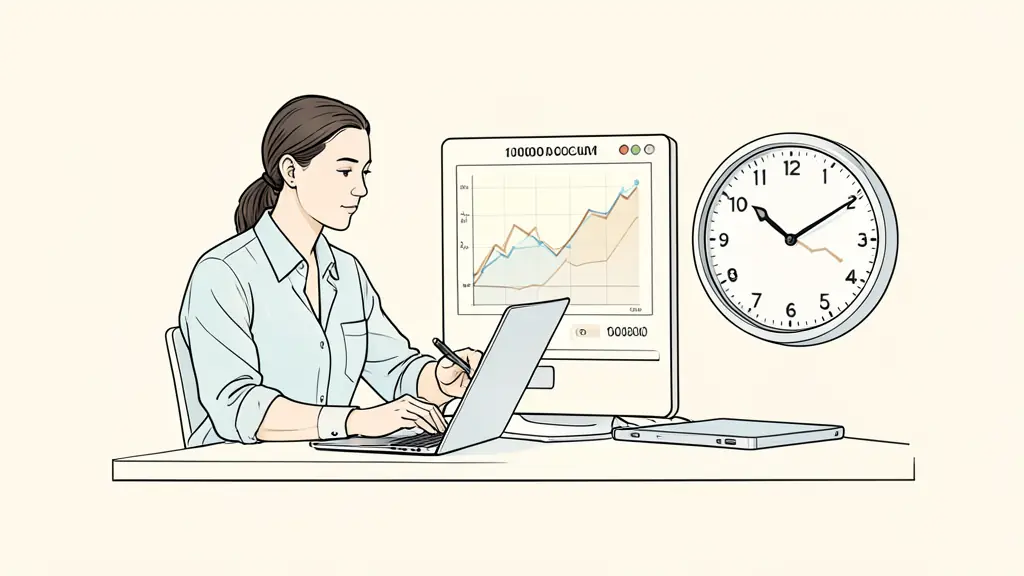 Editorial photograph of a futures trader studying three risk curves beside a 100000 dollar account simulation and an overnight market clock, no visible text or logos