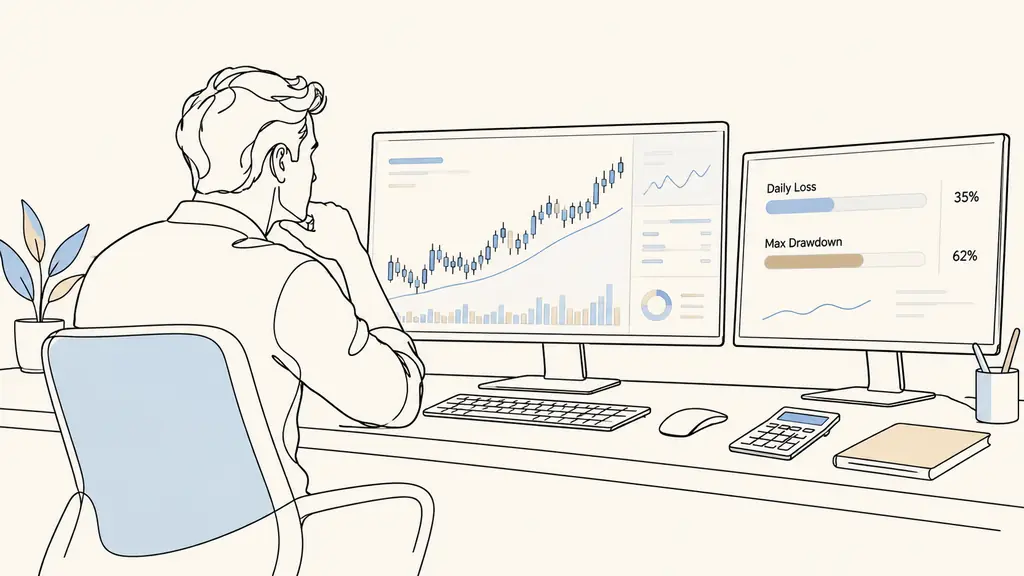 Trader reviewing an instant funding account dashboard, risk limits displayed on a second monitor, calculator beside the keyboard