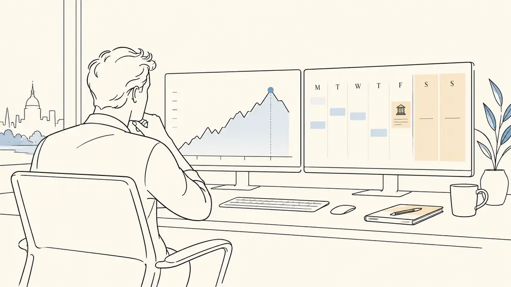Trader monitoring open positions during an economic announcement, equity peak visible on one screen, weekend market calendar on another