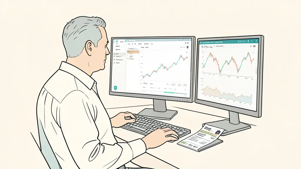 Trader reviewing a simulated account dashboard at a home workstation, payment receipt beside the keyboard, market charts on two monitors