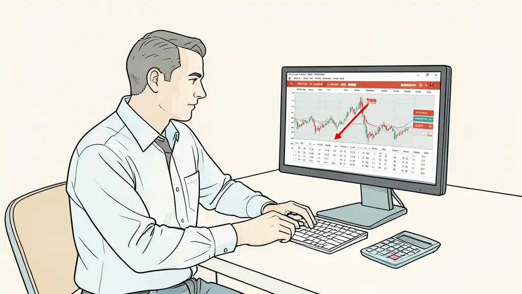 Risk manager examining a 100000 euro trading account, red daily loss threshold on a monitor, economic calendar and calculator on the desk