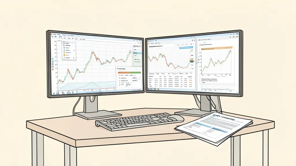 A professional trading workstation with MetaTrader 5 charts on multiple monitors, focused on risk management tools and FSCA regulation documents on a desk in a modern office