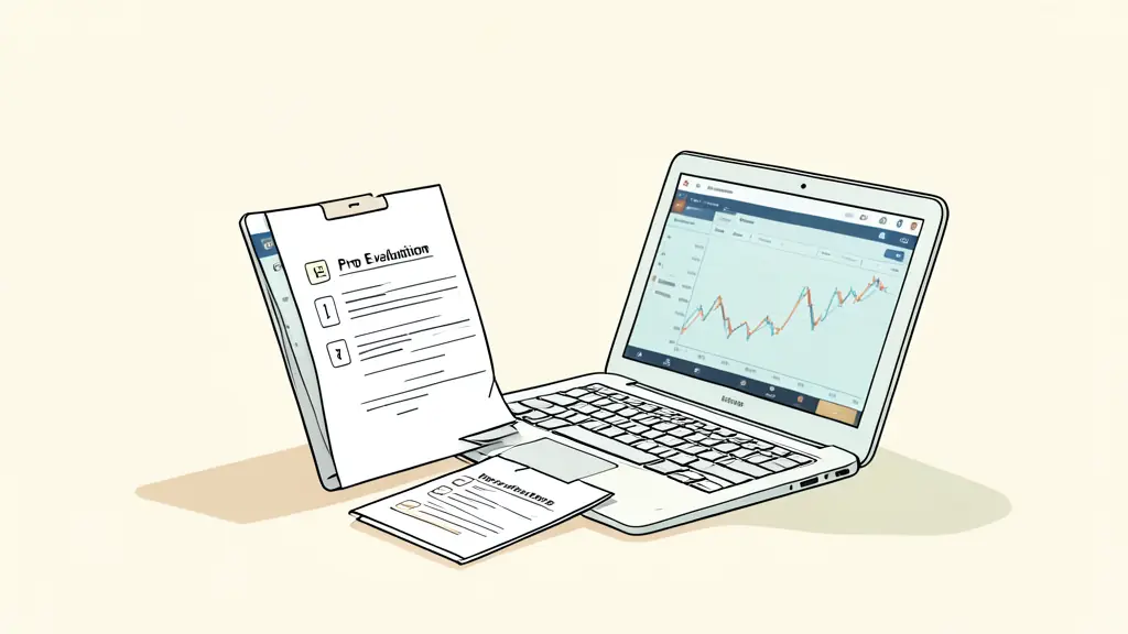 A trader reviewing a prop firm evaluation checklist on a laptop, identity documents beside the keyboard, trading dashboard visible without readable text or logos
