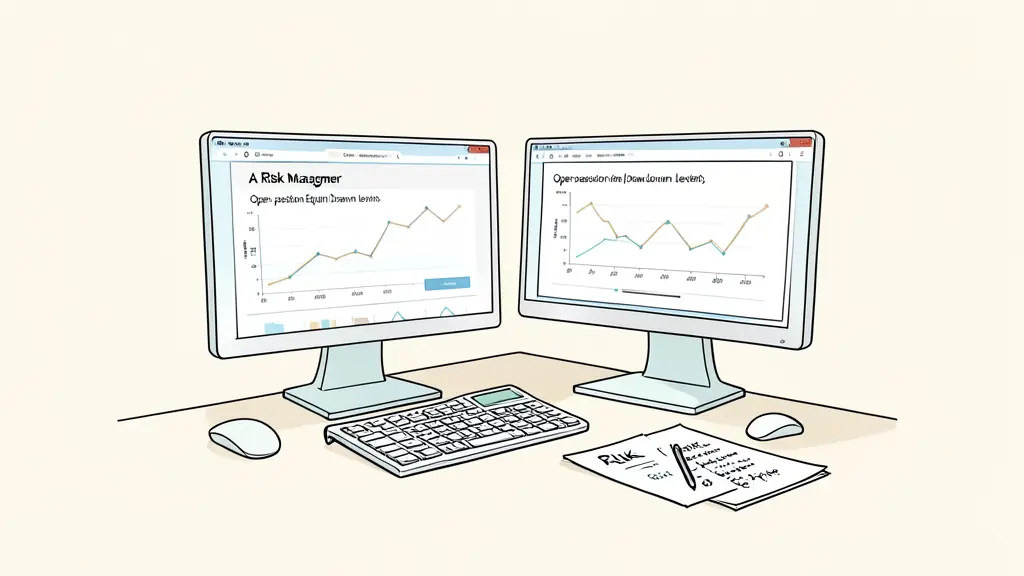 A risk manager monitoring open-position equity and drawdown levels across two computer screens, calculator and handwritten risk notes on the desk, no readable text or logos