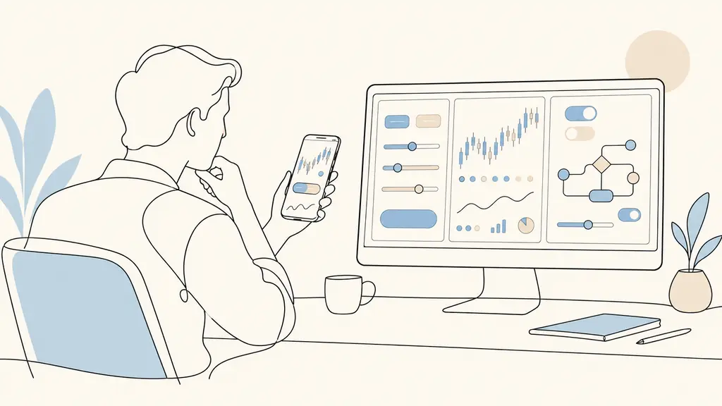 trader comparing a mobile trading app with order types, market data status and an automated strategy settings panel on a desktop monitor, editorial photography, no text, no logo