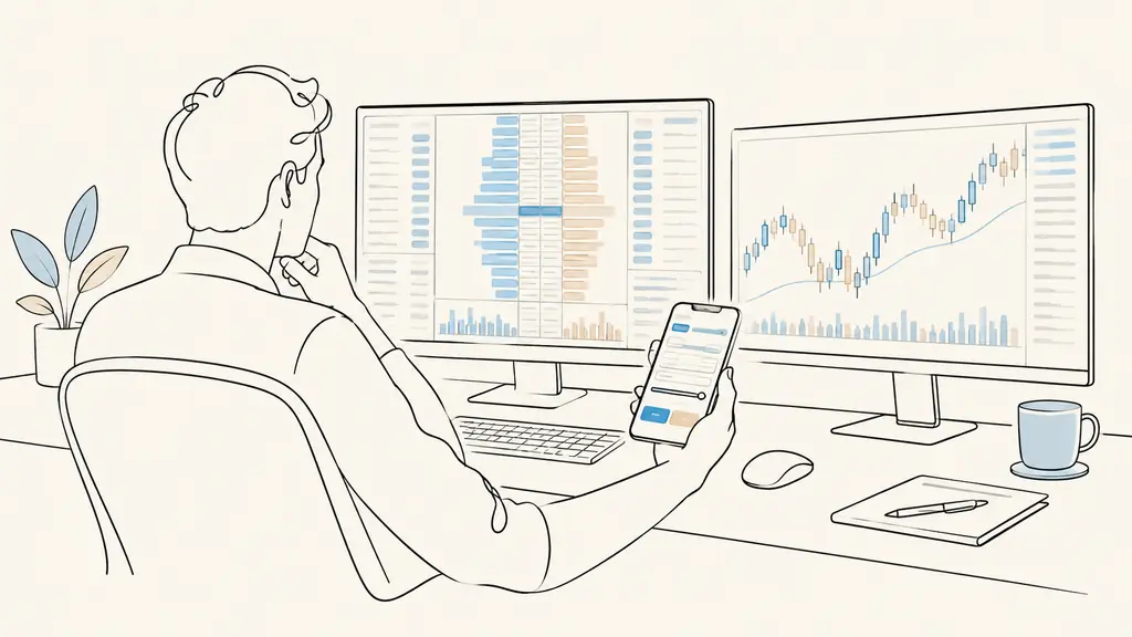 trader comparing an unbranded futures DOM ladder on a desktop, a forex chart on a second monitor and a mobile order ticket, editorial photography, no text, no logo