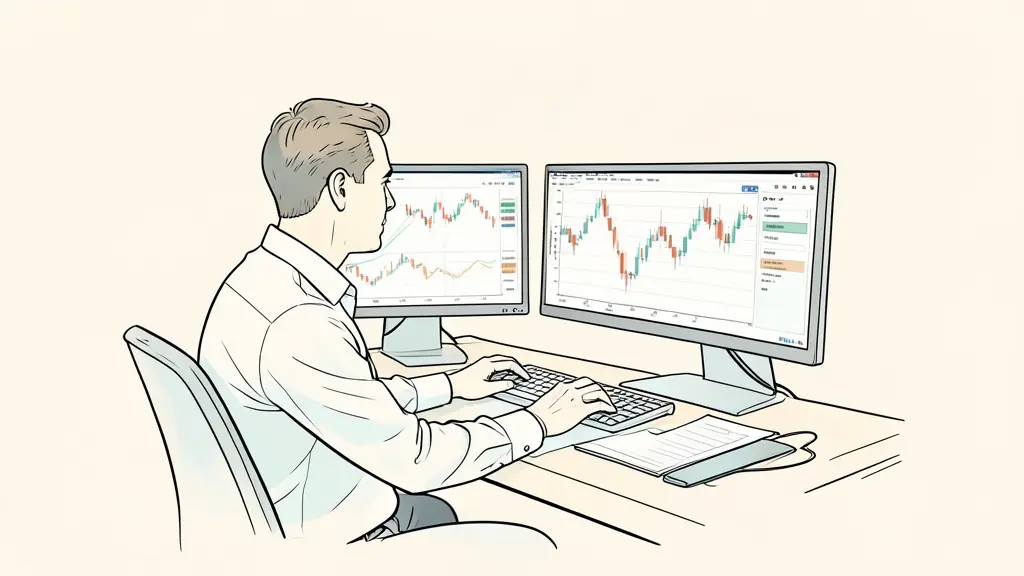 Futures trader at a desk using an order ladder and candlestick chart on two monitors, trading terminal in the background