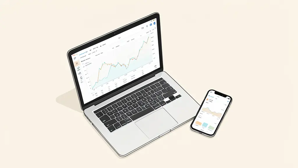 A high-angle shot of a modern trading workspace with a laptop displaying cTrader charts and a smartphone showing a performance dashboard, editorial style, neutral lighting